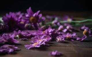 Beautiful purple flowers on wooden background, selective focus, vintage toned photo