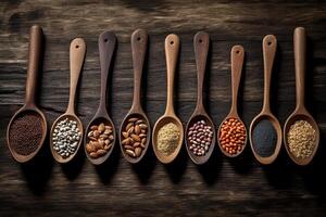 Assortment of legumes in wooden spoons on wooden background.. photo