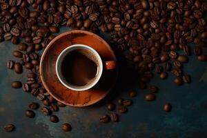 Coffee cup with latte art on wooden table background. photo