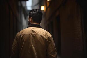 back view of a man walking down a narrow alleyway. photo