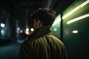 espalda ver de un hombre caminando en el calle a el noche. ai generado foto