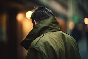 espalda ver de un hombre caminando en el calle a el noche. ai generado foto