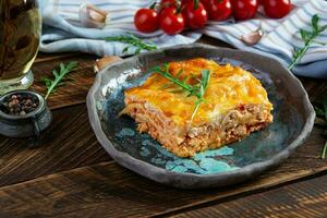 Meat lasagna with bolognese sauce and bechamel sauce. Classic lasagna photo
