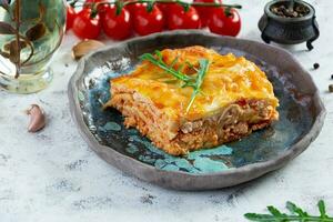 Meat lasagna with bolognese sauce and bechamel sauce. Classic lasagna photo