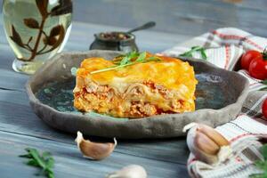Meat lasagna with bolognese sauce and bechamel sauce. Classic lasagna photo