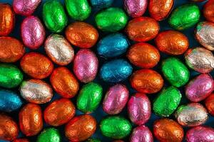 Colorful background of Easter chocolate eggs. Delicious chocolate eggs. Top view photo