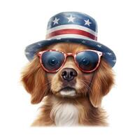 perro vistiendo americano sombrero y lentes celebrando independencia día, generativo ai foto