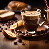 Coffee on Table with Bread and Coffee Beans, Coffee with Warm Lighting Scene Created with photo