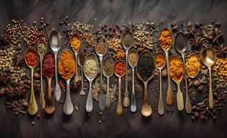 Colourful various herbs and spices for cooking on dark background. photo