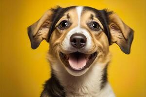 Happy puppy dog smiling isolated on isolated yellow background, photo