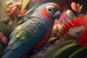 Cute colorful parrot sitting in the flowers in the jungle. Exotic tropical bird. photo