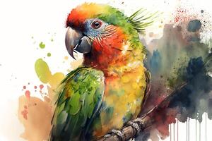 Colorful beautiful parrot on a branch, watercolor illustration. photo