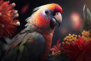 Portrait of a cute little red parrot in flowers in the jungle. Side view exotic tropical bird. photo