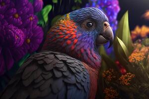 Portrait of a cute colorful parrot sitting in flowers in the jungle. Side view exotic tropical bird. photo