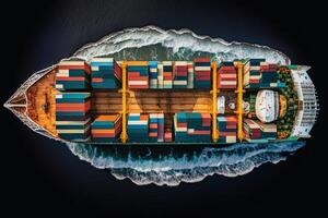 Container ship sailing in sea, top view. Cargo sea ship carrying containers on water. photo