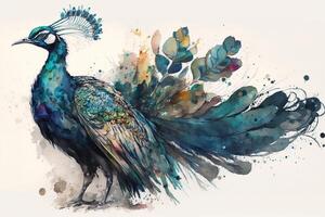 pavo real, lado ver de un hermosa pájaro con un cola. animal acuarela ilustración, generativo ai foto
