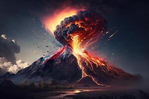 Explosion, volcanic eruption, fire and smoke on the mountain, natural disaster. photo