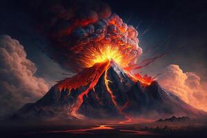 Volcanic eruption, fire, smoke and explosion on the mountain. photo