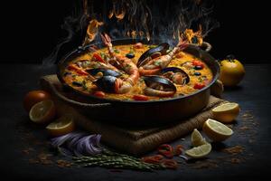 Hot spicy Paella, national Spanish dish of rice and seafood in frying pan. Food illustration still life photo