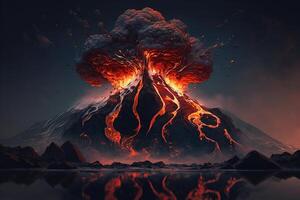 Explosion, volcanic eruption, lava on mountain, natural disaster. illustration photo