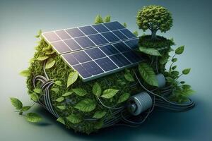 Green energy, environmentally friendly, saving planet concept. Solar panels, tree plants on background, model. creative illustration photo