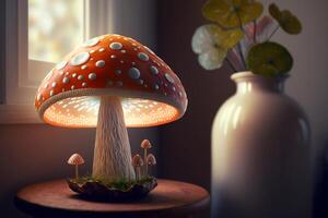 Beautiful red mushrooms growing on table at home on sunny day. Fungiculture, cultivation of poisonous psilocybin mushroom. photo