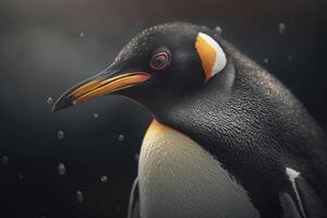 Portrait of a penguin, Antarctic flightless seabird outdoors on rainy day. photo