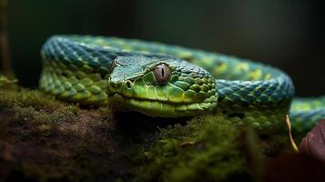 Wild Nature Poisonous Viper Tongue Spiral Snakes in close up portrait generated by ai photo