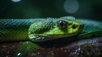 Wild Nature Poisonous Viper Tongue Spiral Snakes in close up portrait generated by ai photo