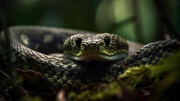 Wild Nature Poisonous Viper Tongue Spiral Snakes in close up portrait generated by ai photo