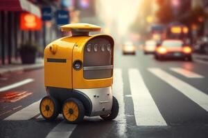 Yellow robot courier crossing road on street at pedestrian crosswalk. Robotic service, future technologies. photo