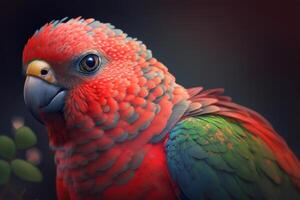 Portrait of cute exotic tropical bird parrot with beak outdoors. photo