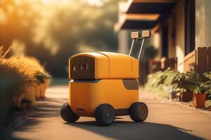 Robotic service, technology of future. Minimalistic yellow robot with camera eyes on sidewalk in street. photo