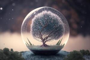 invierno estacional tema. nieve, Nevado árbol en vaso esfera en naturaleza. generativo ai foto