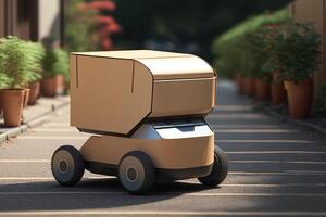 Modern minimalist robot courier with cargo container parked on road in street. Robotic delivery service, technology of future. photo