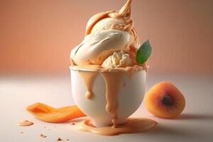 Fruit apricot ice cream in a cup. Refreshing cold vegan dessert. Food illustration created by photo