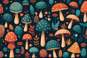 Mushrooms pattern. Surreal flat lay illustration, photo