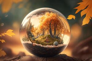 Autumn season concept. Close-up yellow beautiful autumn forest, ecosystem in glass bowl outdoors. photo