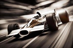 Formula 1 racing car with driver, motion blur. Monochrome illustration of photo