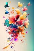 Spring expressive poster. Flying colorful flower petals, levitating flowers. photo