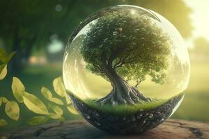 Nature, tree growing in glass sphere on sunny day in forest outdoors. Eco concept, save planet. Generative AI photo
