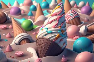 Heap of ice cream cones in melted sweet cream. Creative food illustration photo