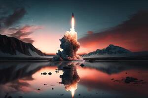 Launch of nuclear missile. Rocket weapon takeoff in mountains, photo