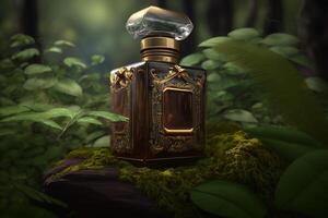 Eco friendly natural fragrance mockup. Close-up of perfume in decorated bottle standing in forest on moss outdoors. Created by photo