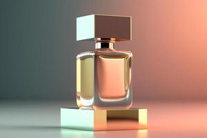 Sensual perfume bottle mockup on platform on colorful trendy background in pastel shades of pink and blue. photo