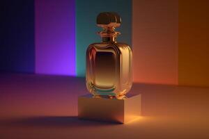 Golden bottle of luxury perfume on platform on color trendy background in muted palette. photo