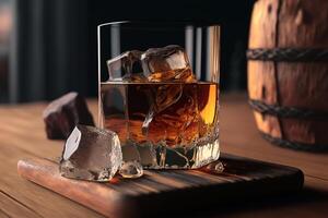 Expensive luxury alcoholic drink in glass with ice cubes standing on wooden platform on table near barrel, close-up. photo