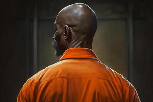 Unrecognizable black prisoner in orange uniform in prison, African American convicted of crime rear view. Illustration created by photo