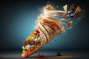 Shawarma, kebab with ingredients flying in air. Chicken doner in pita bread, fast food. Created by photo