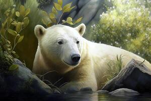 Tired northern polar bear lying in melted water on sunny hot summer in forest. Wildlife and global warming, climate problem concept. Illustration created by photo